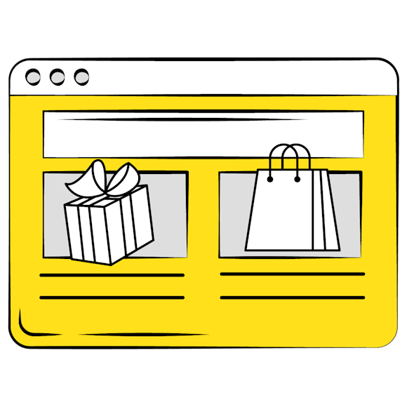 sell more products - Simple line drawing of two shopping bags on a yellow background with navigation dots at the top