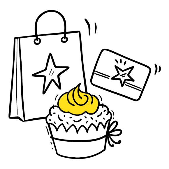 Graphic of a shopping bag, cupcake, and gift card