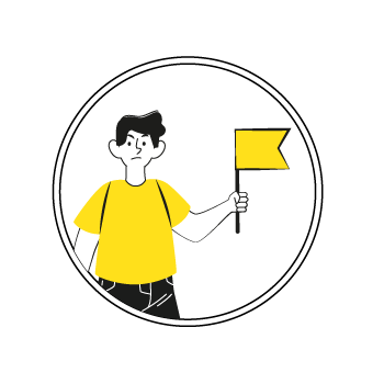 choose a domain name - Simple line drawing showing a person in yellow shirt holding a flag