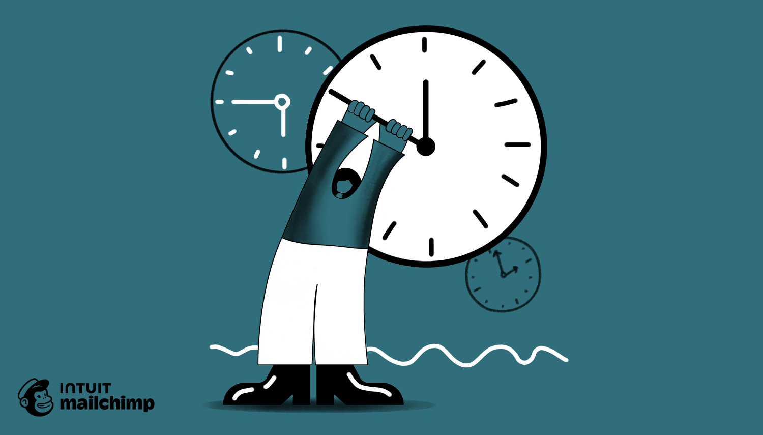 Cartoon figure holding up a large clock face against teal background, with smaller clocks floating in the background