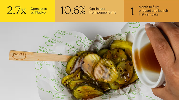 Pickles on branded paper with wooden spoon, next to coffee cup, with business metrics displayed above