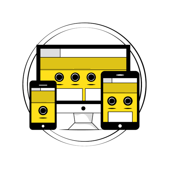 small business website - Stylized illustration of mobile devices showing yellow screens with black interface elements, connected by concentric circular lines