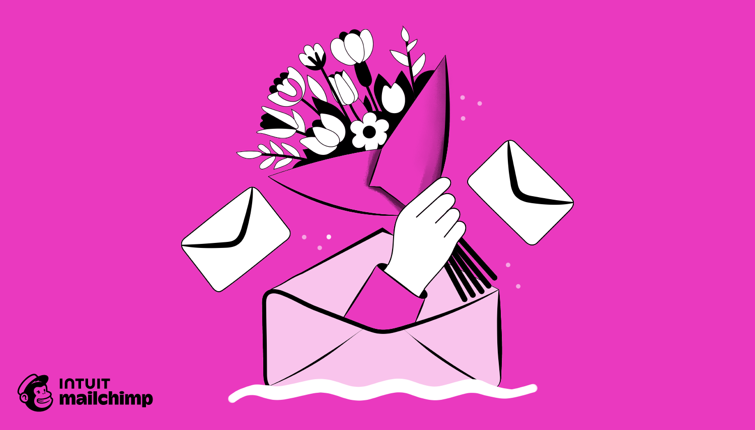 Illustration of a hand holding a flower bouquet emerging from an open envelope, with floating envelopes against a pink background
