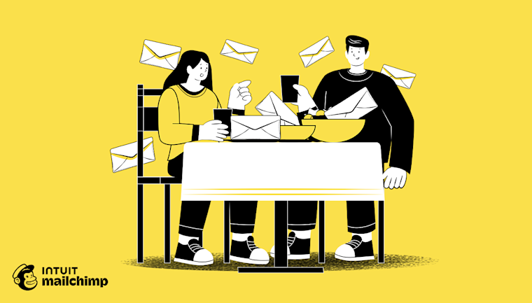 Black and white illustration of people standing at a table with flying envelopes on yellow background, with Mailchimp and Intuit logos below