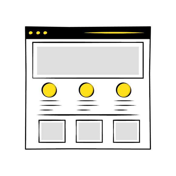 website performance - Simple wireframe layout showing a header image area, three yellow circular icons with text below, and three square boxes at the bottom