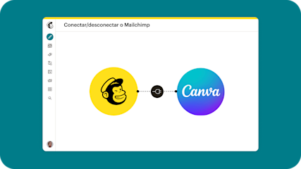 Interface do Mailchimp com o logotipo do Mailchimp em um círculo amarelo conectado por um ícone de plugue ao logotipo do Canva.