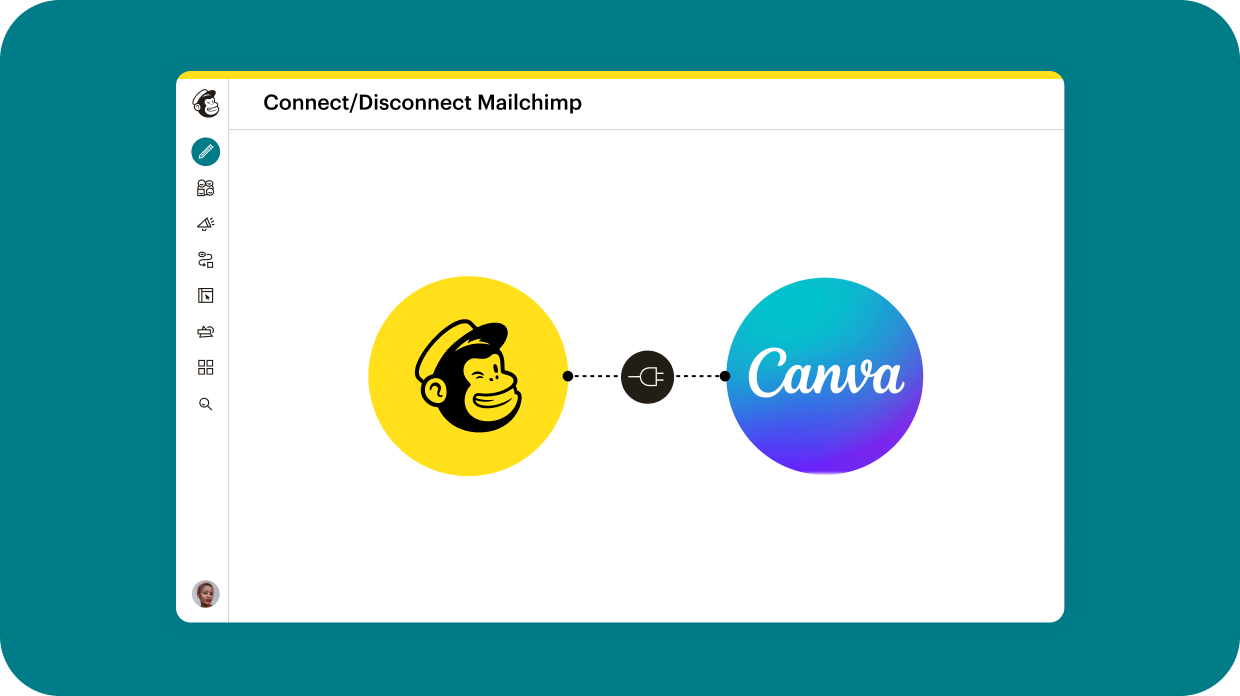 Mailchimp interface showing a Mailchimp logo on a yellow circle connected by a plug icon to a Canva logo.
