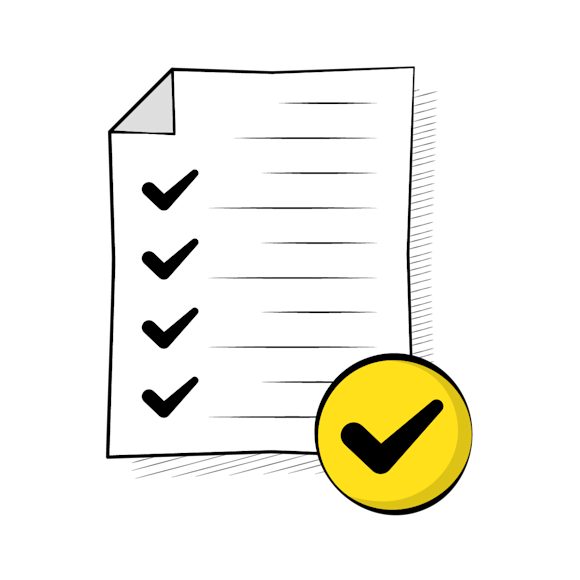 Alt text email allowlisting concept - A checklist with four checked items and horizontal lines for text, accompanied by a yellow circular checkmark icon