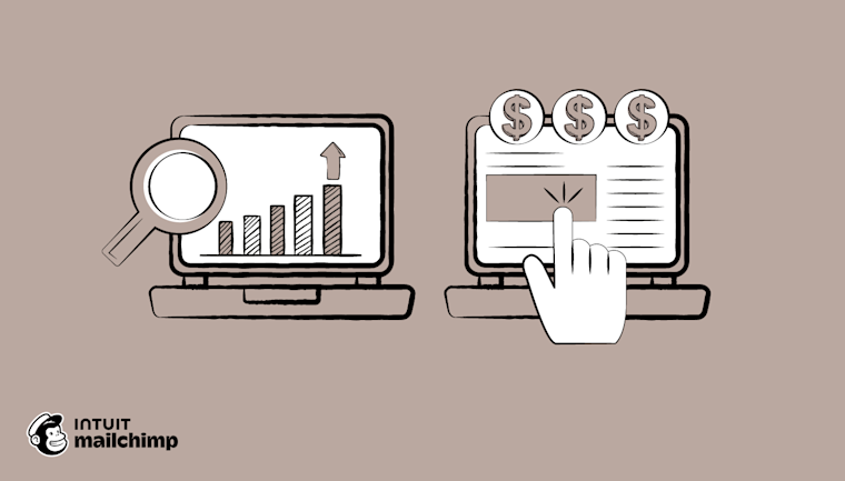 Line illustration showing computer monitors displaying financial charts and dollar signs, with Mailchimp logo below
