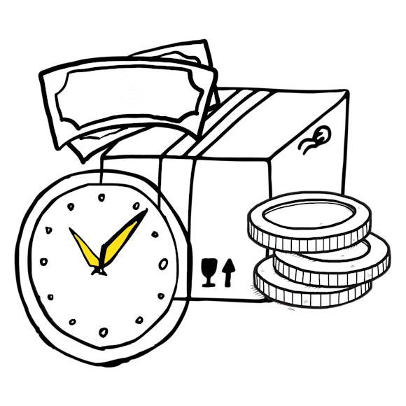Graph of a clock, box, coins, and dollar sign
