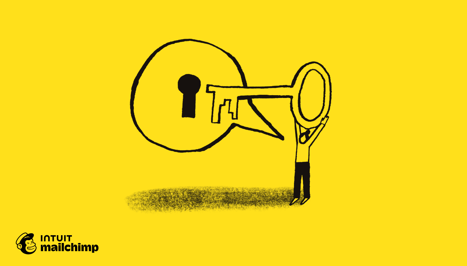 Illustration of stick figure holding large key up to keyhole on yellow background, with Mailchimp logo at bottom