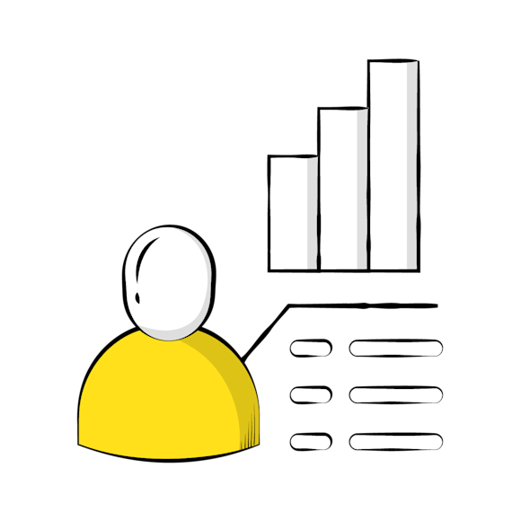 marketing analytics - Simple line drawing of a figure in yellow shirt looking at a bar graph with three ascending columns