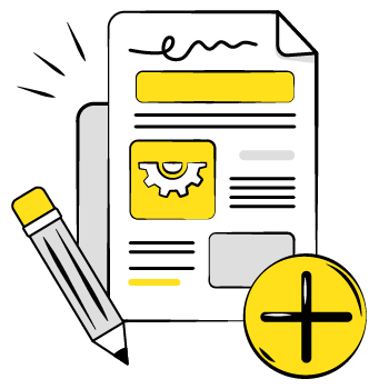 Business proposals explained - line drawing of a paper with text lines, a gear, a pencil and a plus icon