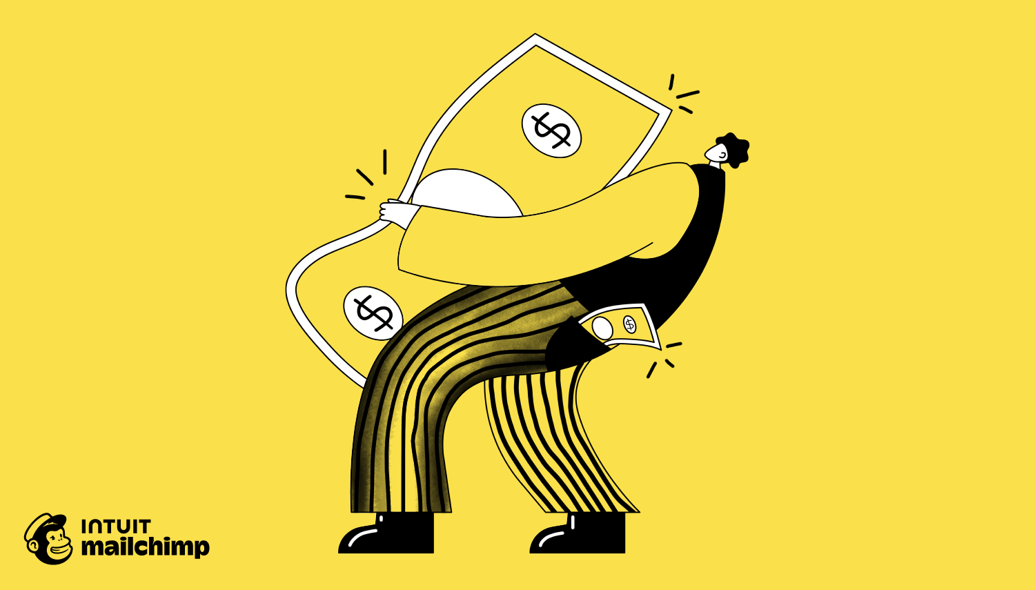 Stylized illustration of a figure stretching a dollar bill, shown on a yellow background with Mailchimp logo