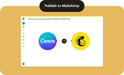 Los logotipos de Canva y Mailchimp conectados por un ícono de enchufe que indica dónde conectar o desconectar Publicar en Mailchimp.