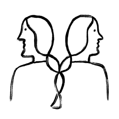 Illustration of two people with their hair braided together