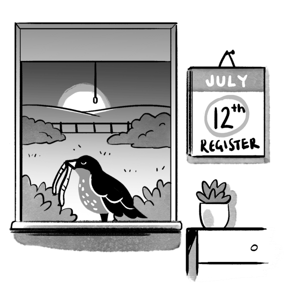 Window with a bird, next to a calendar reminder to register