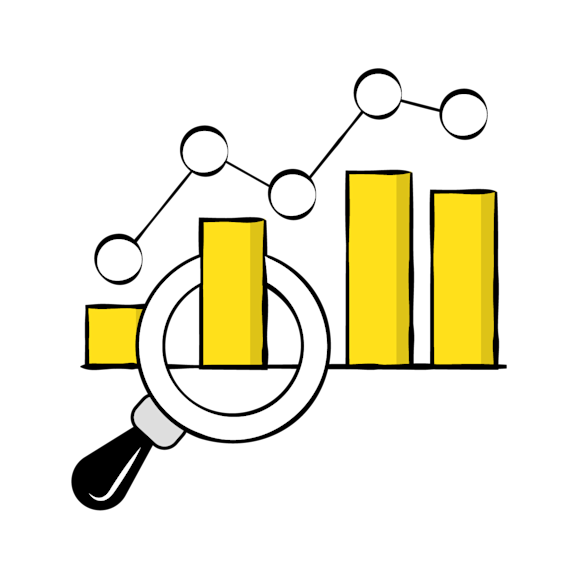end user insights - Magnifying glass examining a bar graph with yellow columns, connected to a molecular structure diagram above