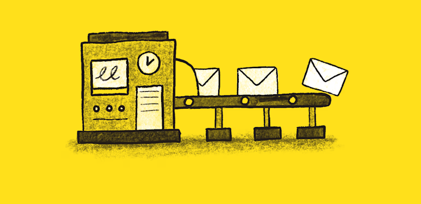 Simple black and white line drawing of machine with a automation of emails like on a supply chain