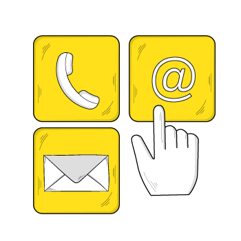 contact us emails - Simple line drawings of communication icons in white on yellow backgrounds, including email, phone, and social media symbols