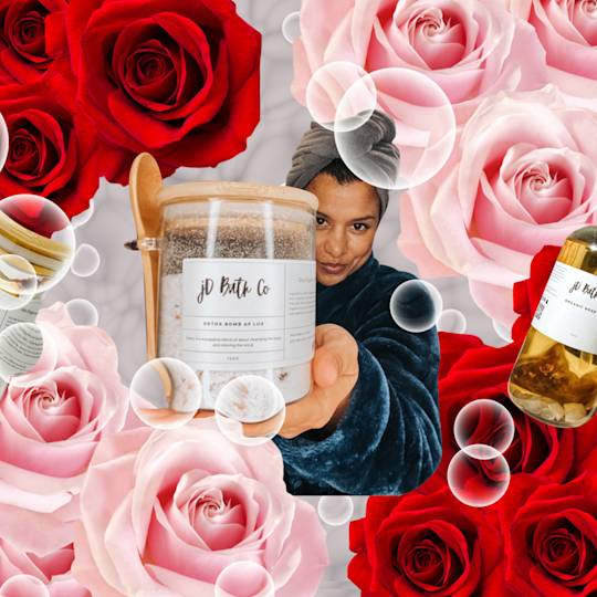 JD Bath Co detox product displayed against backdrop of pink and red roses with floating bubble elements and bath products
