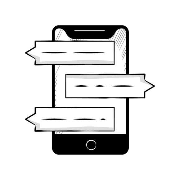 text messages - Simple black and white icon showing a mobile phone with three stacked text message bubbles aligned to the left