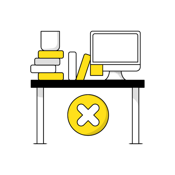 Desk with computer monitor and stacked books, yellow X symbol underneath indicating error or unavailable content