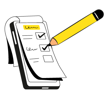 write a vision statement  - Simple line drawing icons showing a clipboard with checklist and pencil