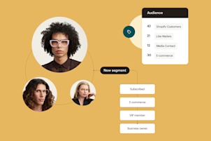 A product email, sent from Mailchimp. In bubbles around it are the logos of various integrations that work with Mailchimp.