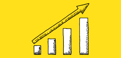 Bar graph with rising columns and ruler arrows pointing upward against bright yellow background, suggesting growth or progress