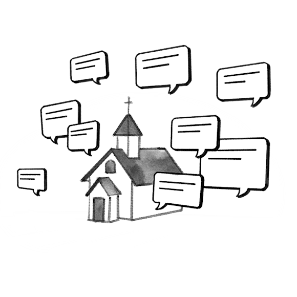 Small church building surrounded by multiple speech bubbles