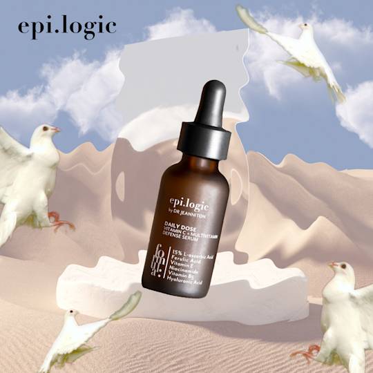 Brown glass dropper bottle of Epi.logic Daily Dose serum floating against desert landscape with white doves and cloudy sky