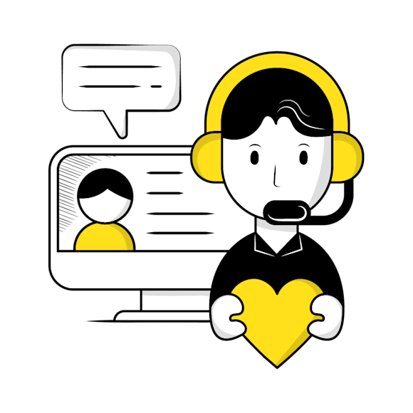 deeper customer care - Cartoon illustration of customer service representative wearing yellow headphones, with speech bubbles and a yellow heart symbol below