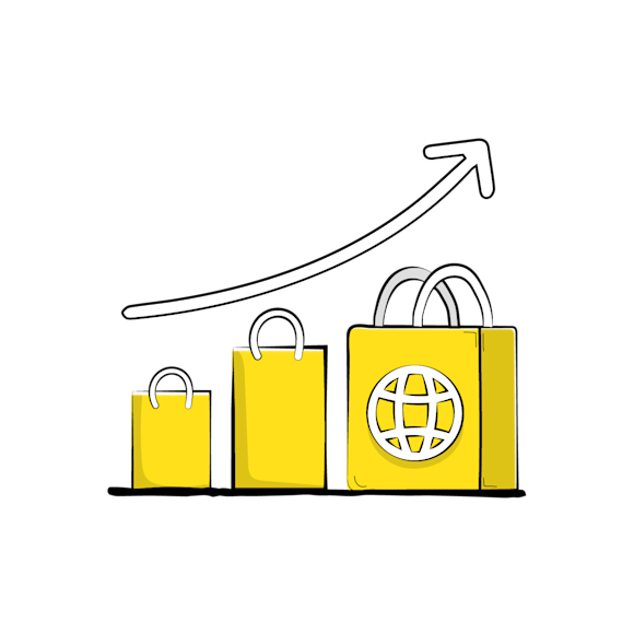 Graphic of three shopping bags increasing in size with an arrow showing upward trend