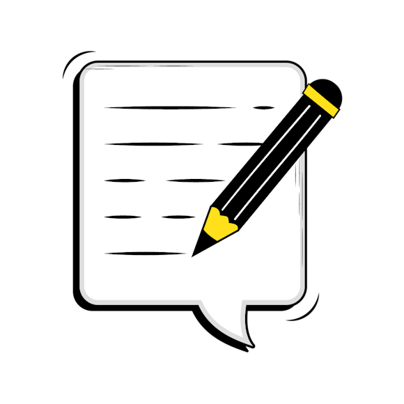 blog voice - A black pencil with yellow accents writing on a white bubble box with horizontal lines representing text