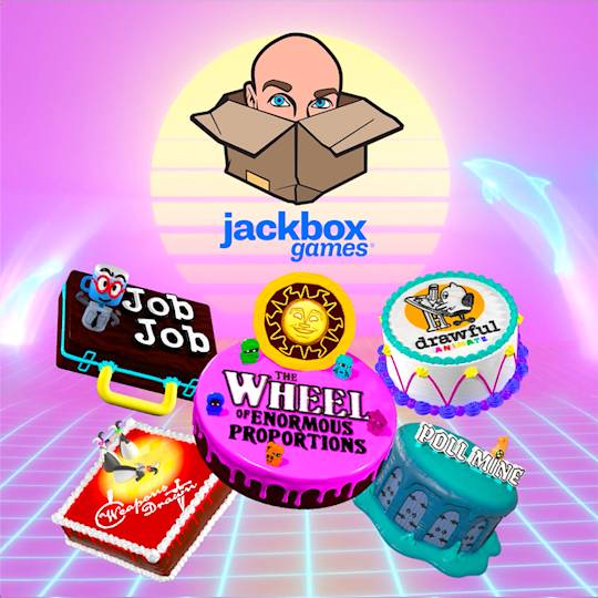 Jackbox Games logo with collection of colorful game titles displayed as cakes and decorative signs against a retro vaporwave background