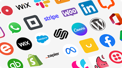 A wide collection of app and platform logos, each representing an integration built in to the Mailchimp platform. Logos for Wix, Slack, WhatsApp, Square, Stripe, WooCommerce, LInkedIn, Wix, Salesforce, Squarespace, Canva, Wordpress, QuickBooks Online, Shopify, Zapier, Meta Lead Ads, and Facebook all appear.