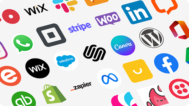 A wide collection of app and platform logos, each representing an integration built in to the Mailchimp platform. Logos for Wix, Slack, WhatsApp, Square, Stripe, WooCommerce, LInkedIn, Wix, Salesforce, Squarespace, Canva, Wordpress, QuickBooks Online, Shopify, Zapier, Meta Lead Ads, and Facebook all appear.