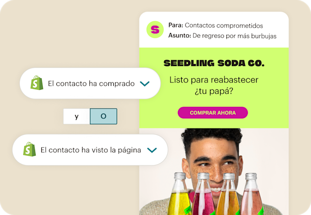 Correo electrónico de Seedling Soda Co. que usa segmentos de Mailchimp y datos de Shopify para activar mensajes personalizados de reabastecimiento a contactos comprometidos.