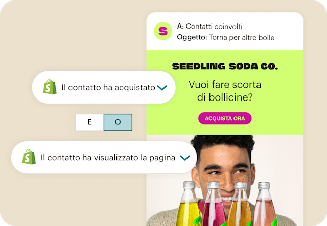 Seedling Soda Co. invia email utilizzando i segmenti di Mailchimp e i dati di Shopify per attivare messaggi personalizzati di riassortimento ai contatti coinvolti.