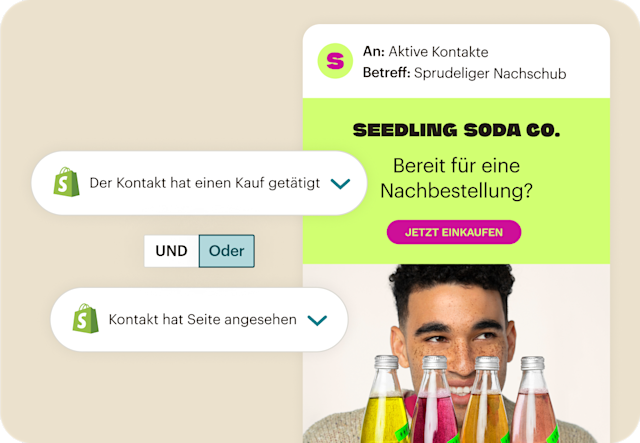 Seedling Soda Co. E-Mail nutzt Mailchimp Segmente und Shopify Daten, um personalisierte Nachrichten mit Infos über Lagerbestände an engagierte Kund:innen zu senden.