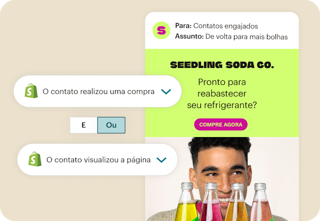 E-mail da Seedling Soda Co. utilizando segmentos do Mailchimp e dados da Shopify para acionar mensagens personalizadas de reabastecimento para contatos engajados.
