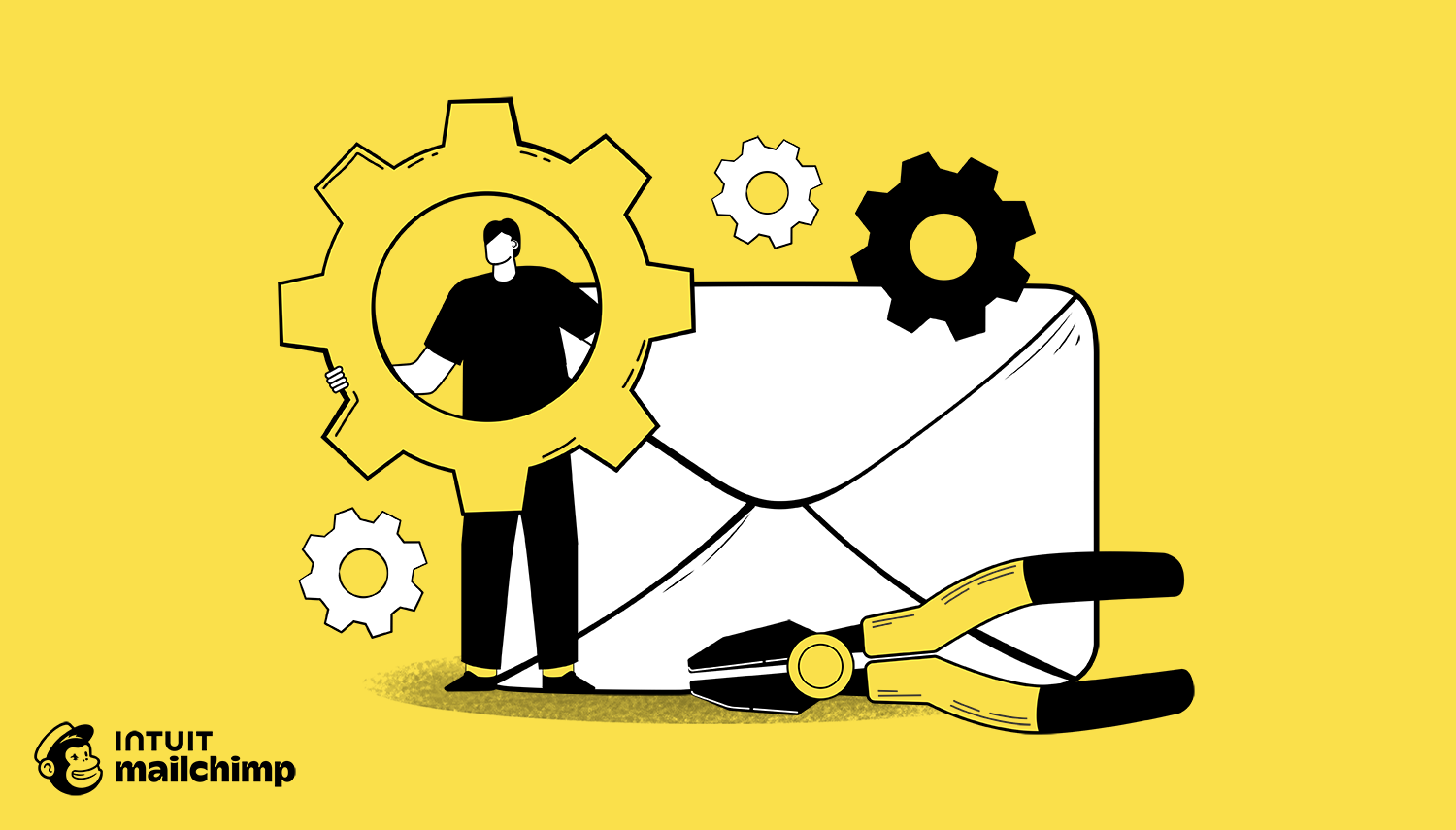 Black silhouette figure standing among mechanical gears on yellow background, with Intuit and Mailchimp logos at bottom