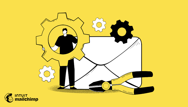Black silhouette figure standing among mechanical gears on yellow background, with Intuit and Mailchimp logos at bottom
