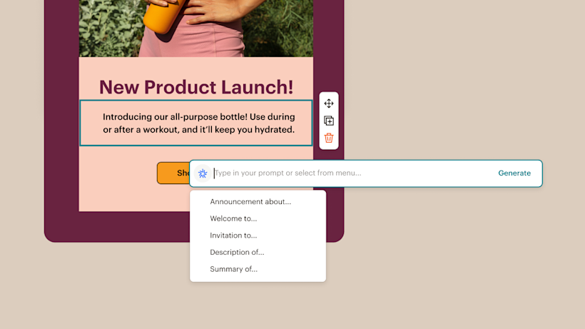 Product launch advertisement showing orange water bottle against pink background with text promoting new all-purpose workout bottle