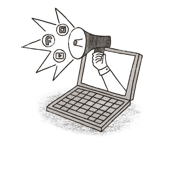 Laptop with megaphone and social icons