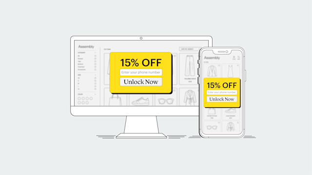 Desktop and smartphone screens showing a responsive ecommerce website with a yellow 15% off SMS popup.