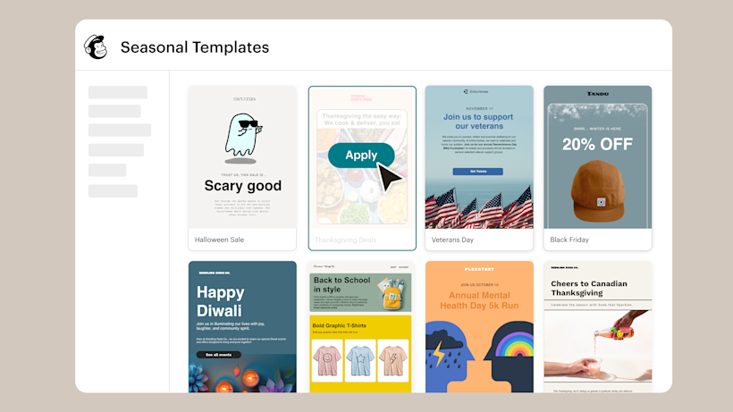 Collection of seasonal email marketing templates showing designs for Halloween, Thanksgiving, Veterans Day, Black Friday, Diwali and other holidays