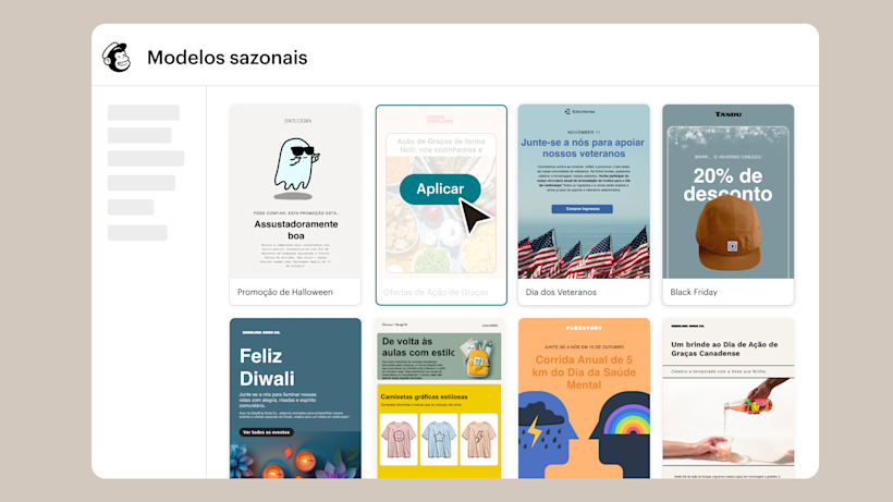 Coleção de modelos sazonais de marketing por e-mail mostrando designs para Halloween, Ação de Graças, Dia dos Veteranos, Black Friday, Diwali e outros feriados