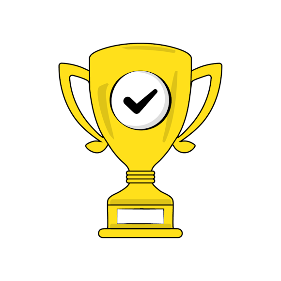 brand voice - A bright yellow trophy illustration with checkmark in the middle